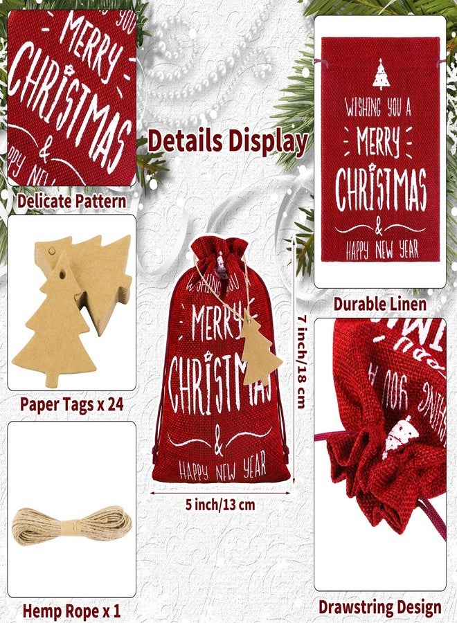 Mimind 24 Pack Christmas Linen Bags with Drawstrings - 7 x 5 Inch Burlap Gift Bags for Party Favor, 12 Designs, Wine Red - Image 3